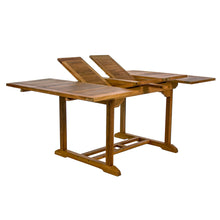 Teak Butterfly Extension Table, Table Extends 50"/75", Seats 6-8 People, Has Umbrella Hole With Brass Cap.