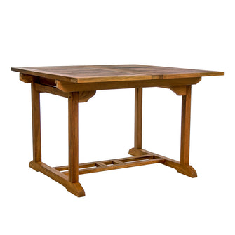 Teak Butterfly Extension Table, Table Extends 50"/75", Seats 6-8 People, Has Umbrella Hole With Brass Cap.