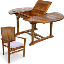 Teak 5-Piece Oval Extension Dining Set, Table Extends 48"/72",  Seats 6-8 People Includes Stacking Chairs.