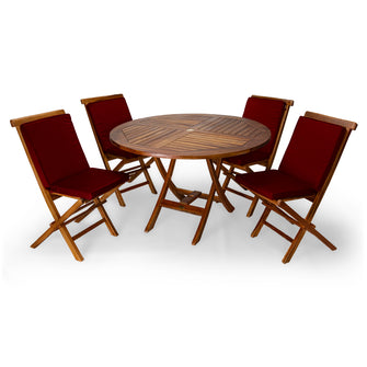 5-Piece Teak Round Folding Table Set  - 48"W, Seats 4 - Includes Umbrella Hole & Folding Chairs.