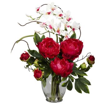 21.5" Artificial Peony & Orchid Arrangement x/Vase - Low Maintenance, Life-Like & Vibrant Silk Flowers For Busy People.