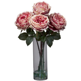 18" Artificial Rose Arrangement w/Cylinder Vase - Low Maintenance, Life-Like & Vibrant Silk Flowers For Busy People.