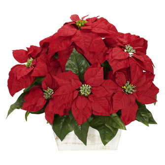 16.5" Artificial Poinsettia Arrangement w/White Wash Planter - Low Maintenance, Life-Like & Vibrant Silk Flowers For Busy People.