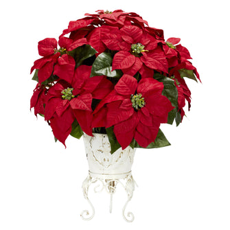 21" Artificial Poinsettia Arrangement w/Metal Planter - Low Maintenance, Life-Like & Vibrant Silk Flowers For Busy People.