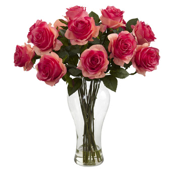 18" Artificial Blooming Rose Arrangement w/Vase - Low Maintenance, Life-Like & Vibrant Silk Flowers For Busy People.