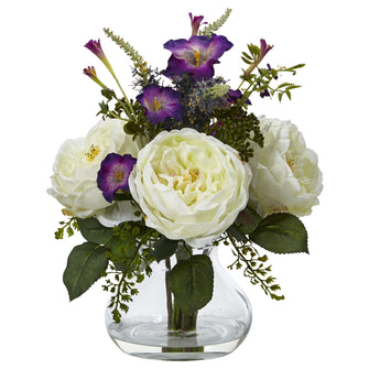14.5" Artificial Rose & Morning Glory Arrangement w/Vase - Low Maintenance, Life-Like & Vibrant Silk Flowers For Busy People.