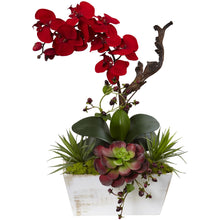 21" Artificial Spring Orchid In A Succulent Garden w/White Wash Planter