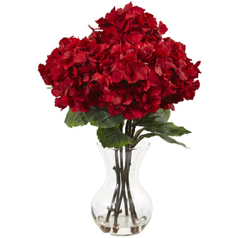 18" Artificial Red Hydrangea Arrangement w/Vase - Low Maintenance, Life-Like & Vibrant Silk Flowers For Busy People.