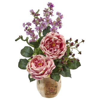 17" Artificial Large Rose & Dancing DaisyArrangement in Wooden Pot - Low Maintenance, Life-Like & Vibrant Silk Flowers For Busy People.