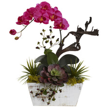 21" Artificial Orchid & Succulent Garden with White Wash Planter - Low Maintenance, Life-Like & Vibrant Silk Flowers For Busy People.
