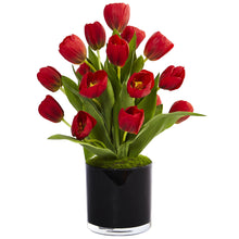 19.5" Artificial Tulips in Black Glossy Cylinder - Low Maintenance, Life-Like & Vibrant Silk Flowers For Busy People.