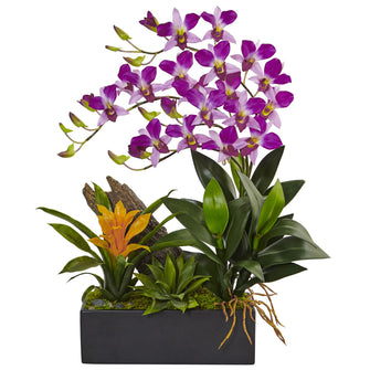 23.5 Artificial Dendrobium & Bromeliad Arrangement w/Planter - Low Maintenance, Life-Like & Vibrant Silk Flowers For Busy People.