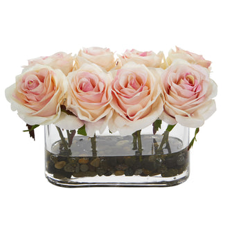 5.5" Artificial Blooming Rose Arrangement in Glass Vase - Low Maintenance, Life-Like & Vibrant Silk Flowers For Busy People.