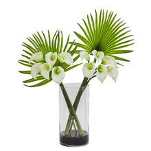 27" Artificial Calla Lily and Fan Palm Arrangement in Cylinder Glass - Low Maintenance, Life-Like & Vibrant Silk Flowers For Busy People.