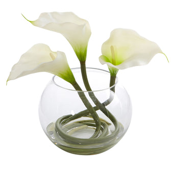 9" Artificial Calla Lily Arrangement in Rounded Glass Vase - Low Maintenance, Life-Like & Vibrant Silk Flowers For Busy People.