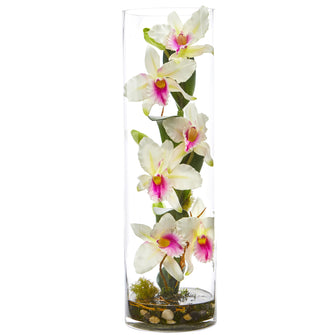 20" Artificial Cattleya Orchid Floral Arrangement in Cylinder Vase - Low Maintenance, Life-Like & Vibrant Silk Flowers For Busy People.