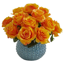 11.5" Artificial Rose Arrangement in Blue Ceramic Vase - Low Maintenance, Life-Like & Vibrant Silk Flowers For Busy People.