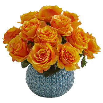 11.5" Artificial Rose Arrangement in Blue Ceramic Vase - Low Maintenance, Life-Like & Vibrant Silk Flowers For Busy People.