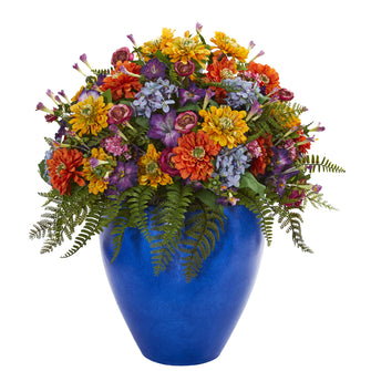 34" Artificial Giant Mixed Floral Arrangement in Blue Vase - Low Maintenance, Life-Like & Vibrant Silk Flowers For Busy People.