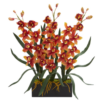 25" Artificial Cymbidium Orchid Arrangement in Black Vase - Low Maintenance, Life-Like & Vibrant Silk Flowers For Busy People.