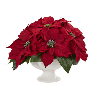 13" Artificial Poinsettia Arrangement in Urn - Low Maintenance, Life-Like & Vibrant Silk Flowers For Busy People.