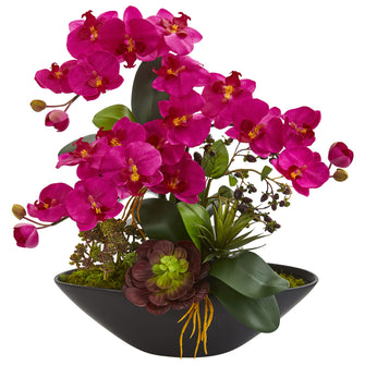 21" Artificial Phalaenopsis Orchid Arrangement in Black Vase, Low Maintenance, Life-Like & Vibrant Silk Flowers For Busy People