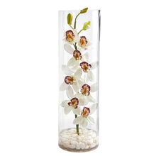 20" Artificial Cymbidium Orchid Arrangement in Tall Cylinder Vase - Low Maintenance, Life-Like & Vibrant Silk Flowers For Busy People.