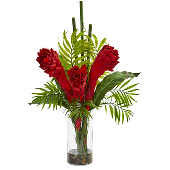 21" Artificial Ginger Torch Arrangement in Cylinder Vase - Low Maintenance, Life-Like & Vibrant Silk Flowers For Busy People.