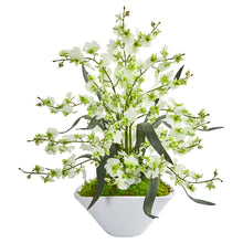 21" Artificial Dancing Lady Orchid Arrangement in White Vase - Low Maintenance, Life-Like & Vibrant Silk Flowers For Busy People.