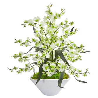 21" Artificial Dancing Lady Orchid Arrangement in White Vase - Low Maintenance, Life-Like & Vibrant Silk Flowers For Busy People.