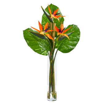 38" Artificial Bird of Paradise Arrangement in Cylinder Vase - Low Maintenance, Life-Like & Vibrant Silk Flowers For Busy People.
