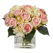 9" Artificial Rose & Hydrangea Arrangement in Vase - Low Maintenance, Life-Like & Vibrant Silk Flowers For Busy People.