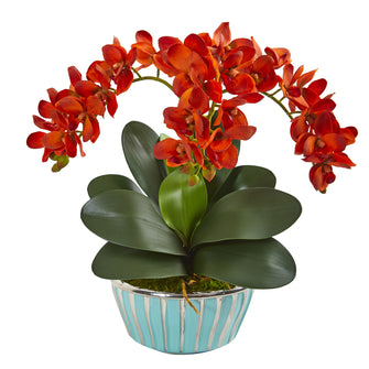 14" Artificial Phalaenopsis Orchid Arrangement in Designer Turquoise Vase, Low Maintenance, Life-Like & Vibrant Silk Flowers For Busy People .