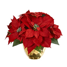 11" Artificial Poinsettia Arrangement in Golden Vase - Low Maintenance, Life-Like & Vibrant Silk Flowers For Busy People.
