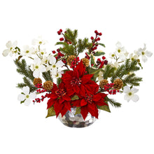 18" Artificial Poinsettia, Dogwood, Berry & Pine Arrangement in Silver Vase - Low Maintenance, Life-Like & Vibrant Silk Flowers For Busy People.