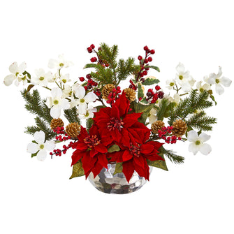 18" Artificial Poinsettia, Dogwood, Berry & Pine Arrangement in Silver Vase - Low Maintenance, Life-Like & Vibrant Silk Flowers For Busy People.