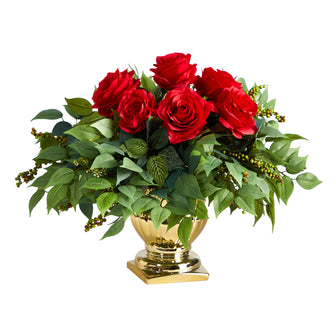 14" Artificial Rose Arrangement in Gold Urn - Low Maintenance, Life-Like & Vibrant Silk Flowers For Busy People.