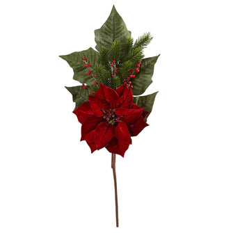31" Artificial Poinsettia, Berries and Pine Flower Bundle (Set of 3) - Low Maintenance, Life-Like & Vibrant Silk Flowers For Busy People.