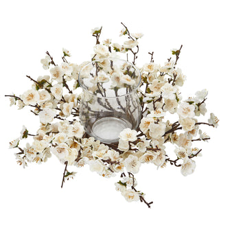 6.5" Artificial Plum Blossom Candelabrum Arrangment w/Candle Holder - Low Maintenance, Life-Like & Vibrant Silk Flowers For Busy People.