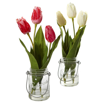17" Artificial Tulip Arrangement in Jar (Set of 2) - Low Maintenance, Life-Like & Vibrant Silk Flowers For Busy People.