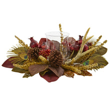 6.5" x 19" Artificial Magnolia, Berry, Antler & Peacock Feather Arrangement w/Candelabrum