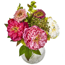 14" Artificial Peony and Mum in Glass Vase - Low Maintenance, Life-Like & Vibrant Silk Flowers For Busy People.