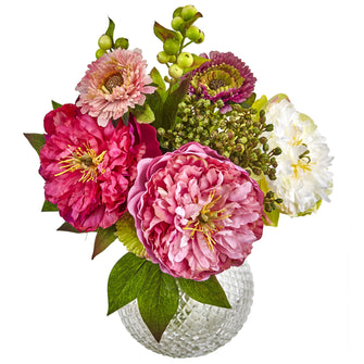 14" Artificial Peony and Mum in Glass Vase - Low Maintenance, Life-Like & Vibrant Silk Flowers For Busy People.