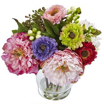 10.5" Artificial Peony and Mum in Glass Vase - Low Maintenance, Life-Like & Vibrant Silk Flowers For Busy People.