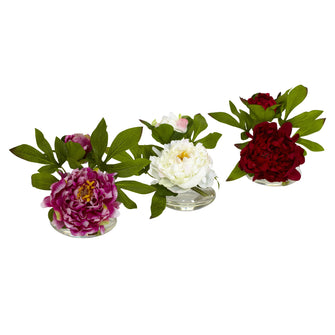 6" Artificial Peony w/Glass Vase (Set of 3) - Low Maintenance, Life-Like & Vibrant Silk Flowers For Busy People.