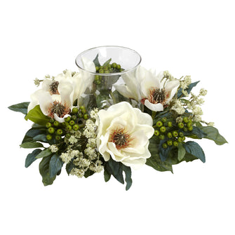 6.5" x 14" Artificial Magnolia Arrangement w/Candle Holder - Low Maintenance, Life-Like & Vibrant Silk Flowers For Busy People.