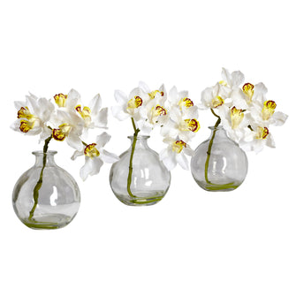 8" Artificial Cymbidium Arrangement w/Vase Silk Flower (Set of 3) - Low Maintenance, Life-Like & Vibrant Silk Flowers For Busy People.