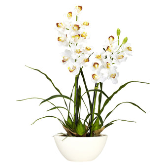 30" Artificial Cymbidium w/White Vase Silk Flower Arrangement - Low Maintenance, Life-Like & Vibrant Silk Flowers For Busy People.