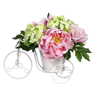 9.5" Artificial Peony & Hydrangea Tricycle Arrangement - Low Maintenance, Life-Like & Vibrant Silk Flowers For Busy People.