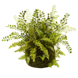 22" Artificial Mixed Fern w/Twig & Moss Basket - Low Maintenance, Life-Like & Vibrant Silk Plants For Busy People.